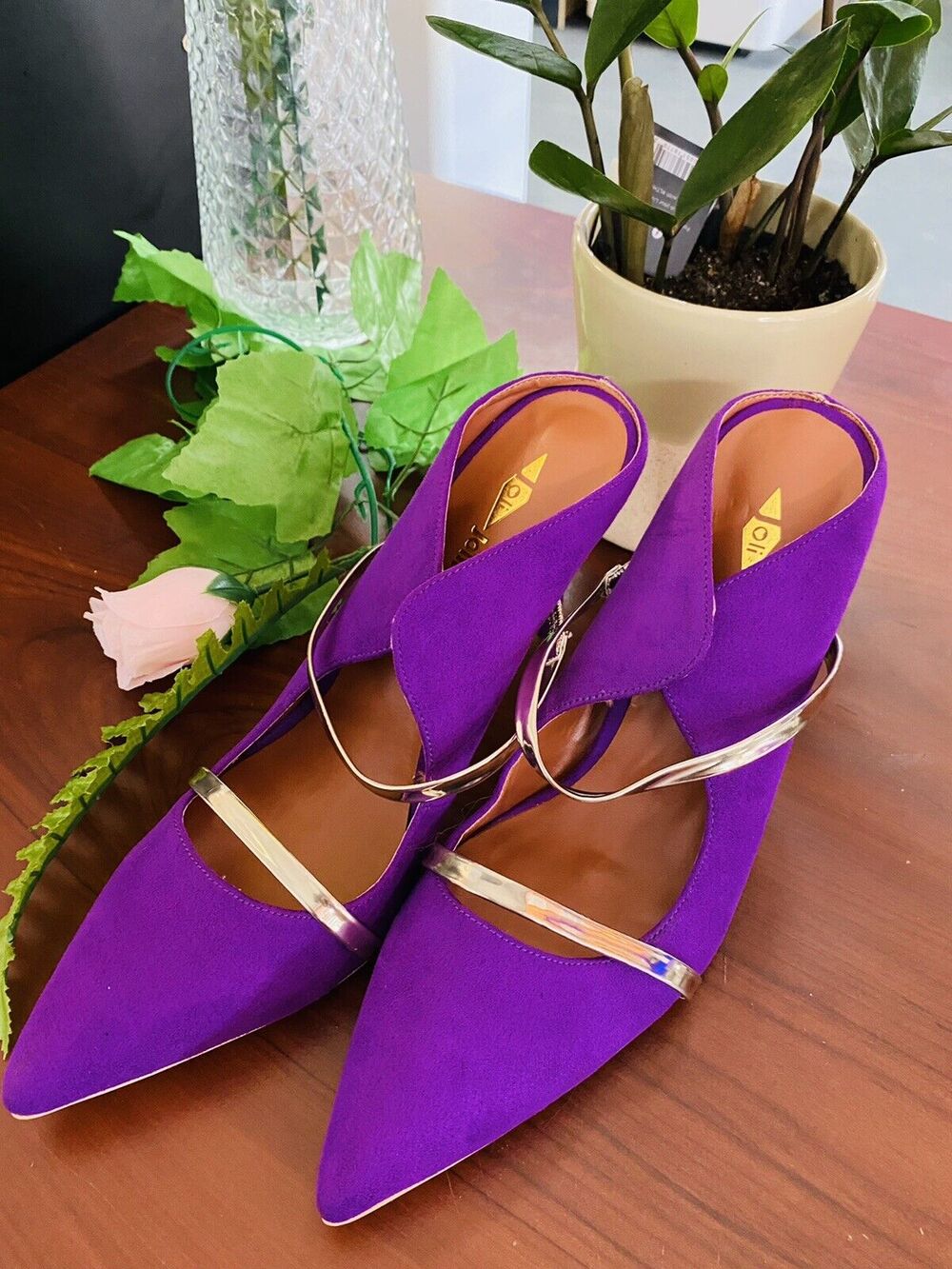 Women Ladies Oli Jolimall Tan Purple Suede Heel Pointy Shoes Size 9 Open Back